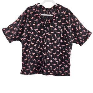 Jasmine & Juliana Black & Pink Flamingo Button-Up Short-Sleeve Shirt Women's XL